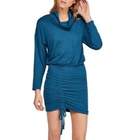 Free People Sundown Cowl Neck Ruched Mini Dress Dark Green Boho Long Sleeve - Picture 16 of 16